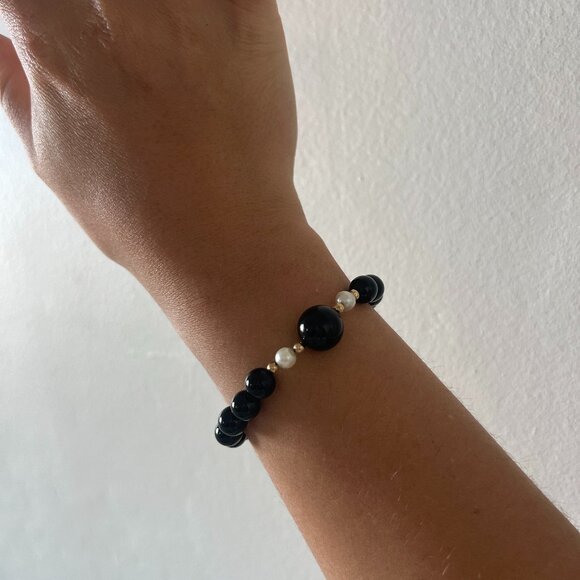 Vintage Onyx Pearl 14k Gold Beaded Bracelet Sophie Buhai - Picture 1 of 6